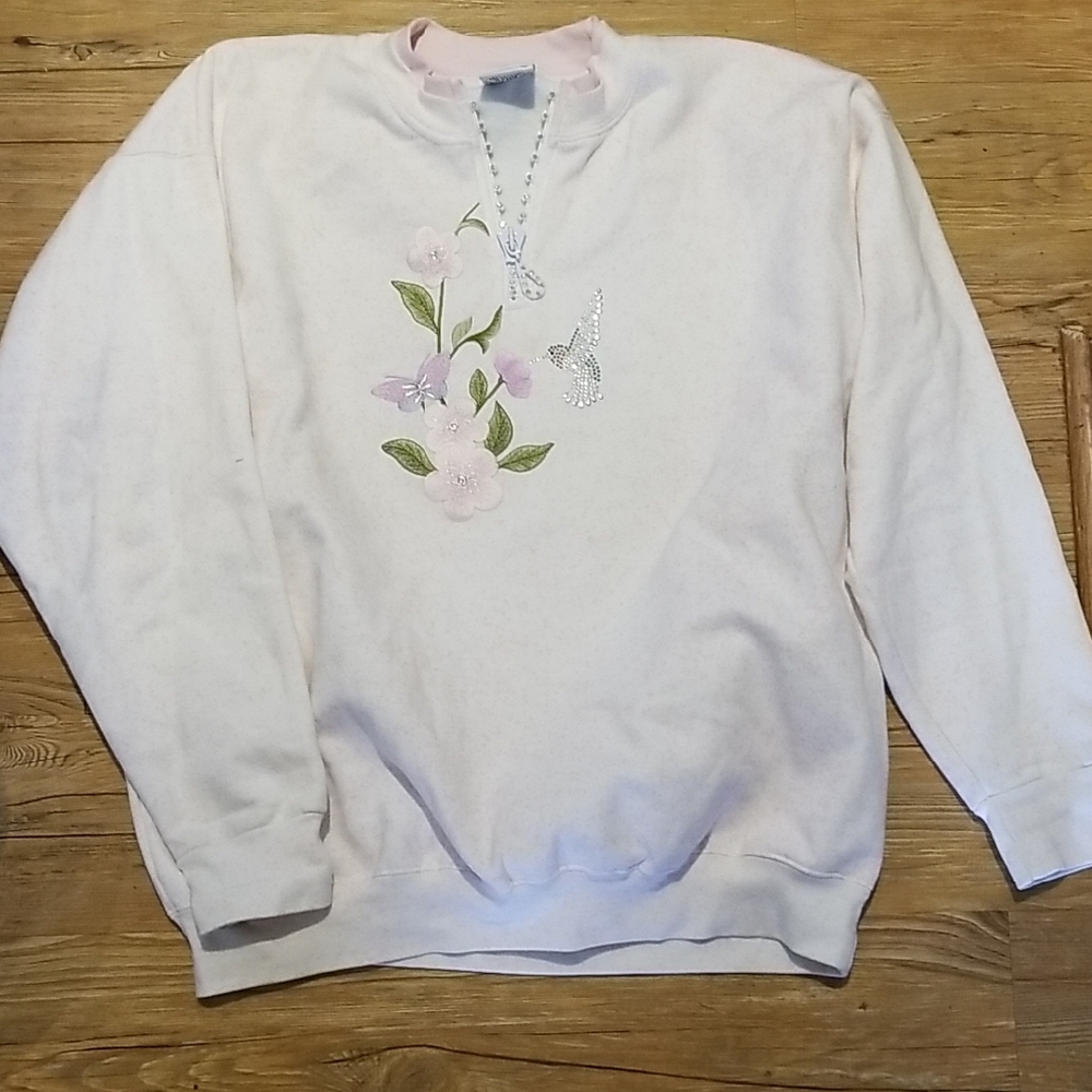 Cream Floral Embroidered Crewneck Sweater 1/4 Zip Handcrafted szXL